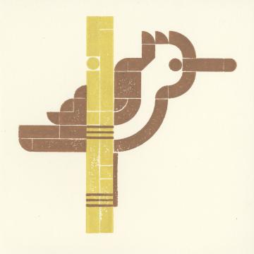 Stylized print of a brown bird clasping a reed.