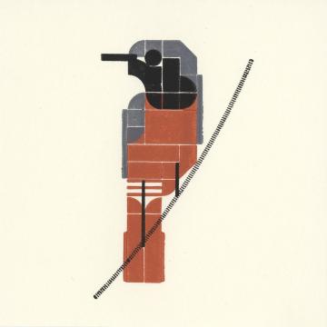 Stylized print of a red bird with black throat, grey head and wings, perched on a thin twig.