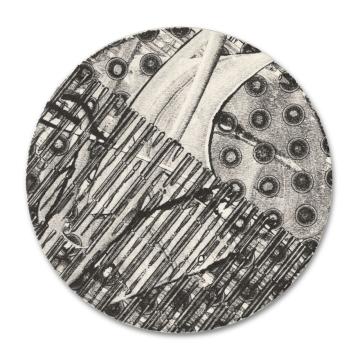 Abstract black and white calligraphy mixed with geometric patterns on round cardboard.