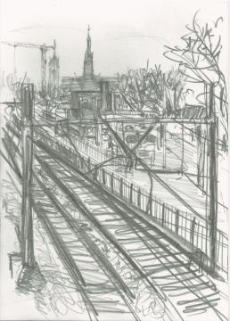 Pencil drawing of a view on train tracks with buildings, trees next to it and a church spire and building crane in the background.