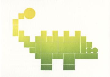 Stylized picture of a green-yellow dinosaur.
