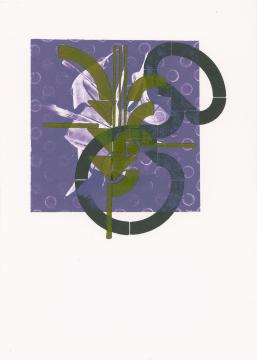 Two loops in black on a purple square background. A mossy green sprouting element in between.