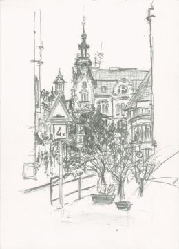   Small pencil drawing of a street scene. Church spires in the background, traffic signs in the foreground.