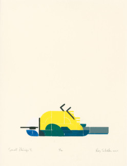 Stylized print of a dead bird. It's a blue tit, lying on its back. Yellow belly, all kinds of blueish greens for the wings and tail. The head is white with black collar and eye-line and a bright blue cap.