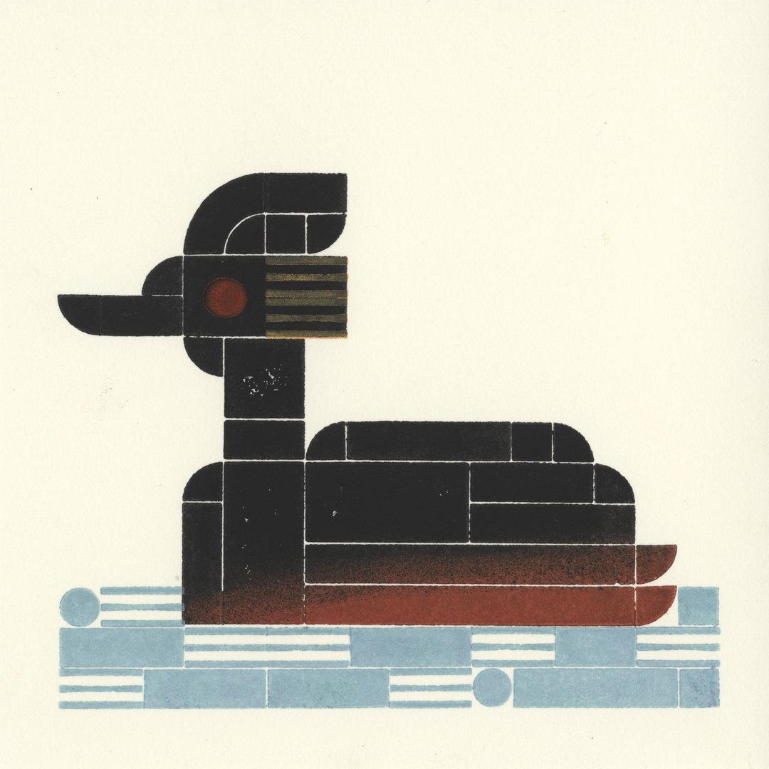 Stylized print of a black duck like bird in the water, with a red eye, black crest and brownish belly.