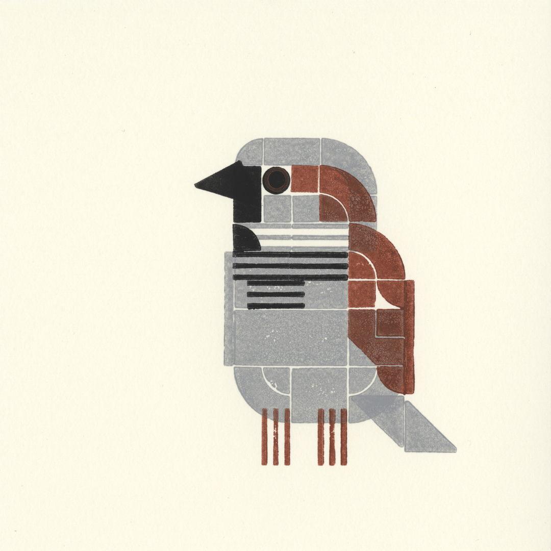 Stylized print of a bird with gray belly with white and black accents on its breast. Gray cap and tail, brown face and wings. Seen from the font, looking to the right.