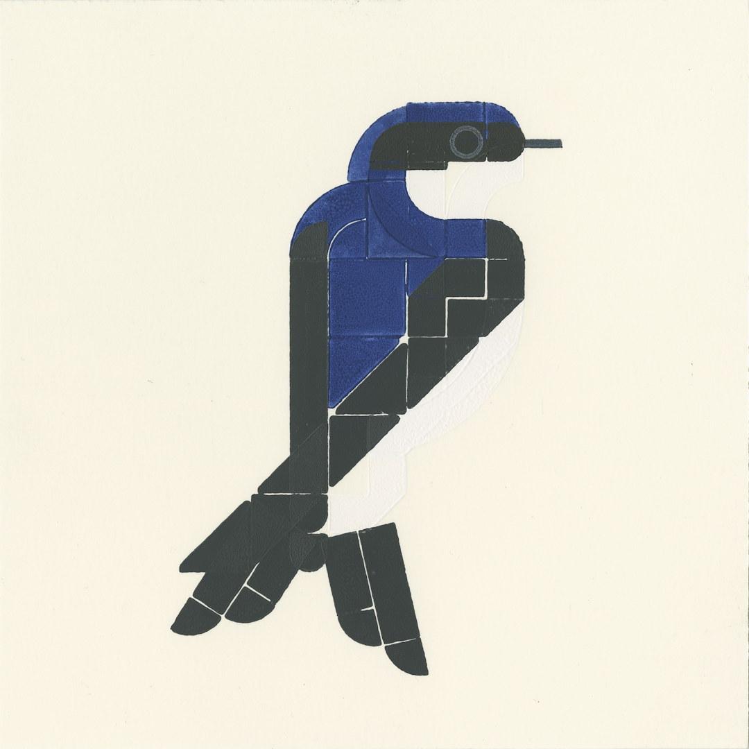 A stylized print of a bird seen on its back, which is blue. Wings and tail are black, belly and throat are white.