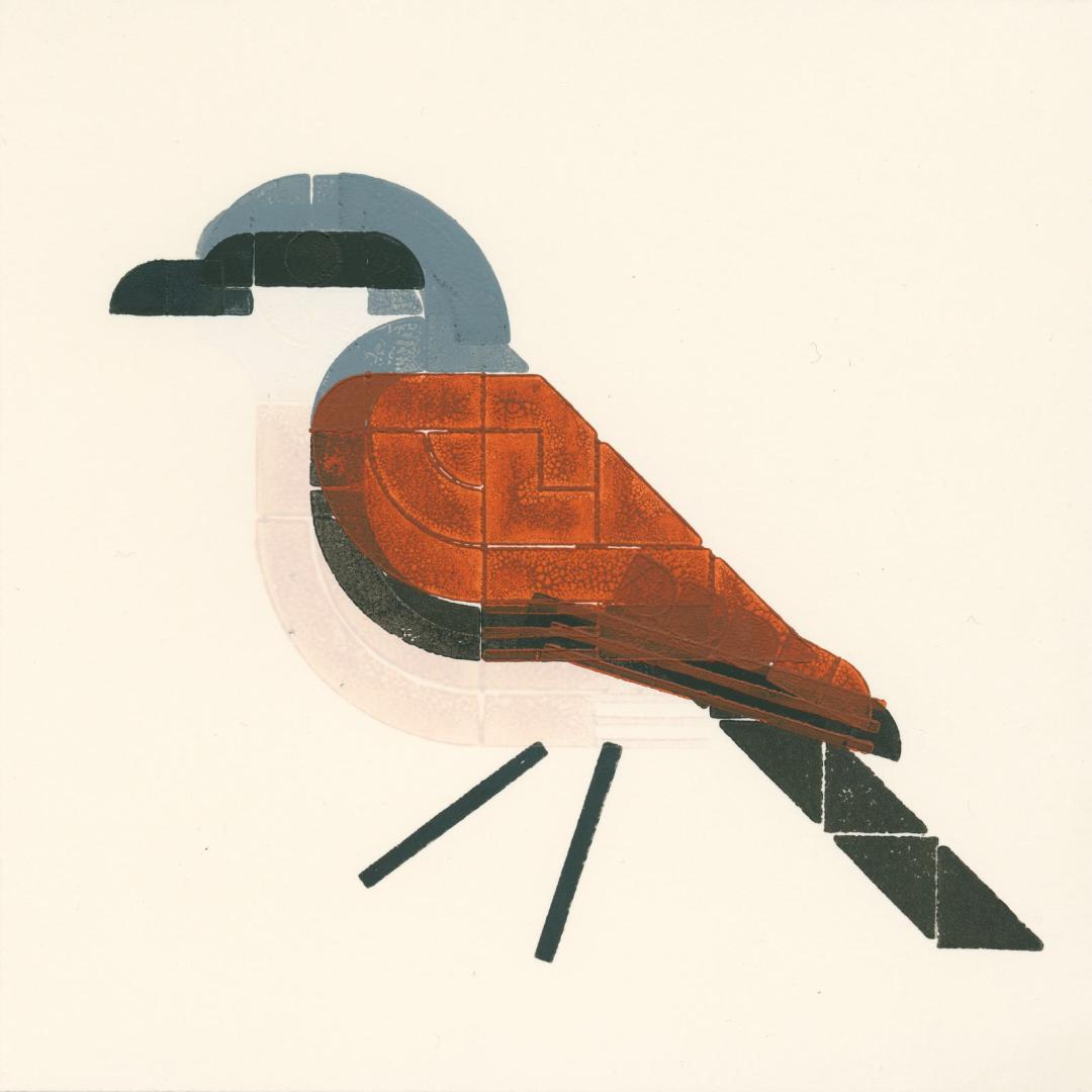 Stylized print of a bird with gray cap, black beak and eye. Pinkish white belly, and indeed a rusty red back.