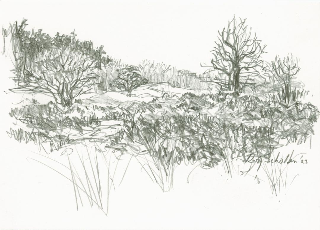 Small landscape drawing in pencil.