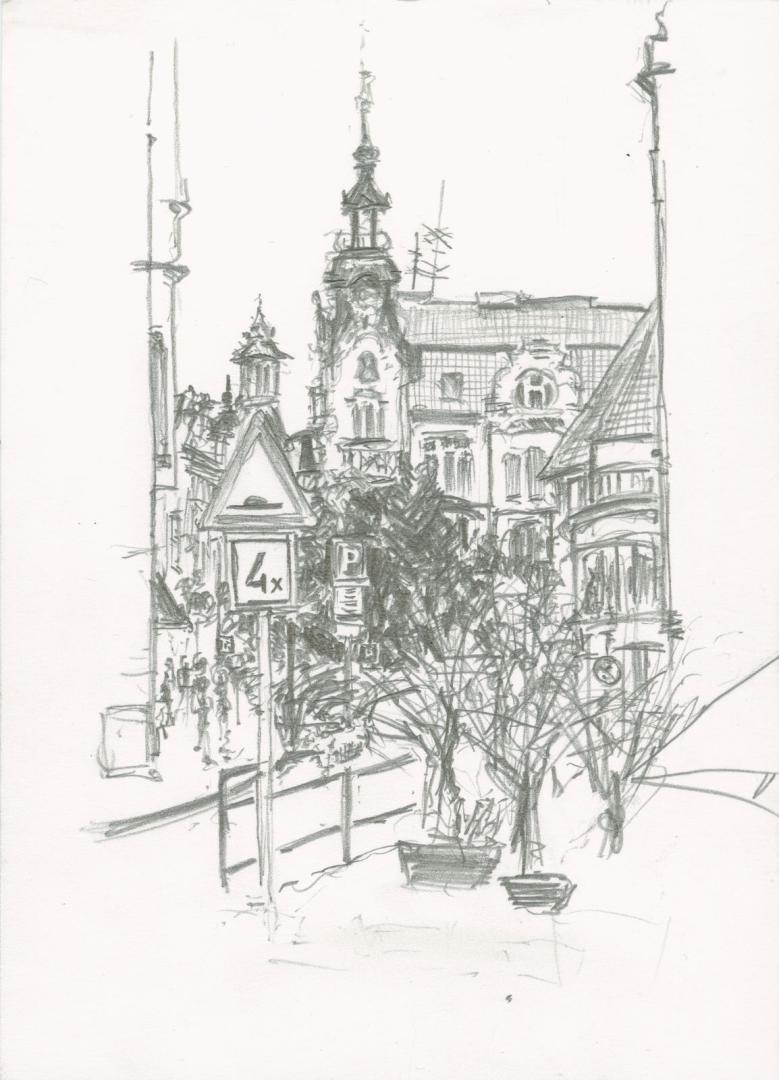   Small pencil drawing of a street scene. Church spires in the background, traffic signs in the foreground.