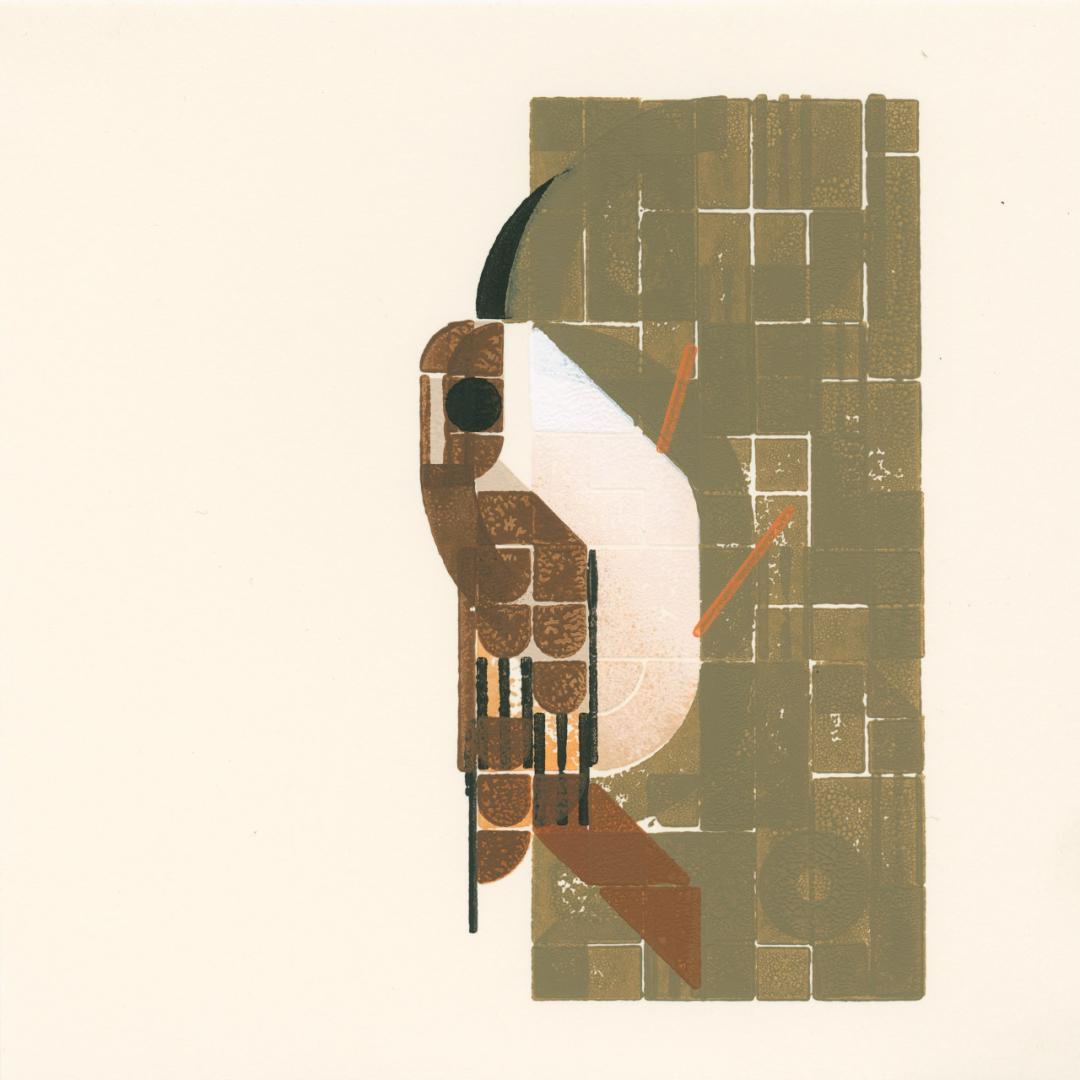 Stylized print of a brown bird with white belly clining to a tree.